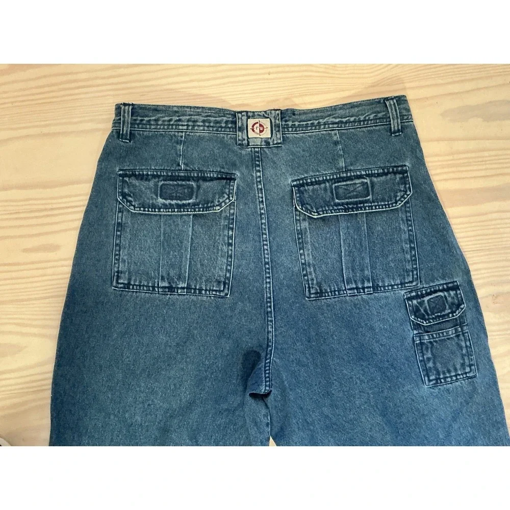 RW Rugged Vintage Mens Blue Denim Cargo Pants Pleated Relaxed Fit 36x32 Utility